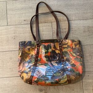 Patricia Nash Floral Leather Tote with Brown leather Straps and studs large